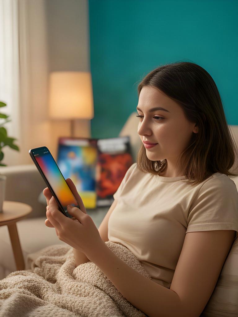 Глядачка переглядає каталог кіно українською на Android-смартфоні у затишній домашній кімнаті