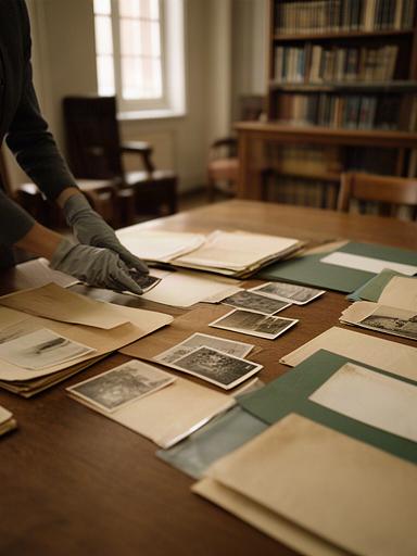 Працівник бібліотеки розкладає папки й фотографії на великому дерев'яному столі