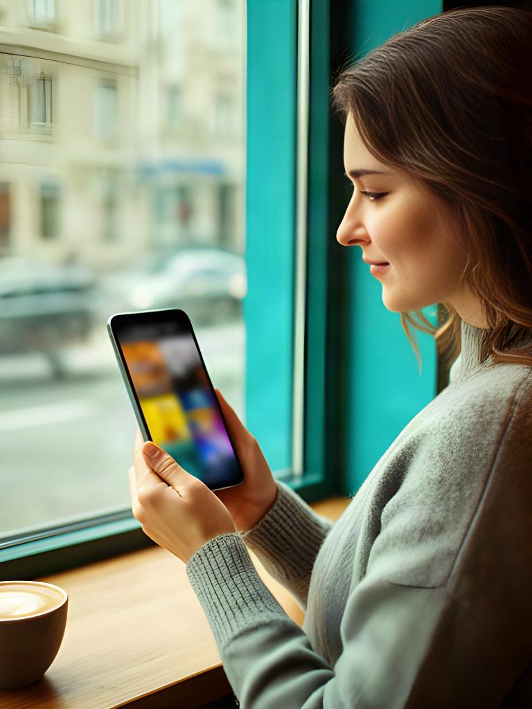 Глядачка переглядає каталог українських фільмів на смартфоні біля вікна міської кав'ярні