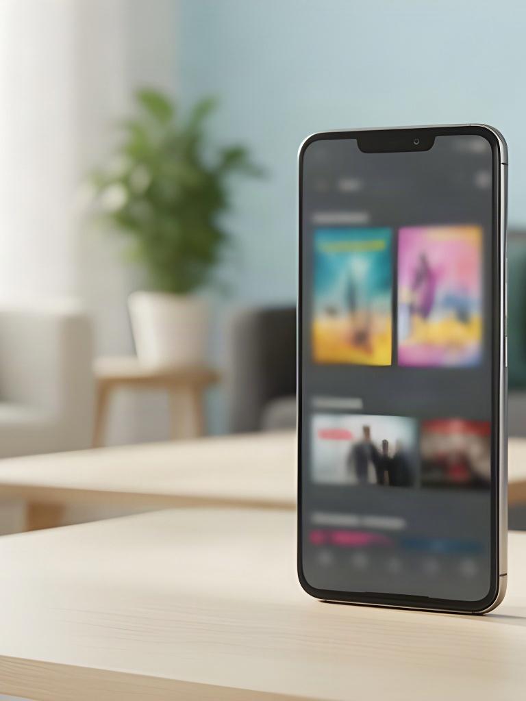 Смартфон Android із відкритим каталогом кіно на столі у світлій домашній вітальні